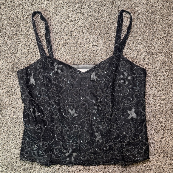 Vintage 90s 00s Black Lace Gothic Fairy Grunge Embellished Cami Tank Top - Picture 7 of 11